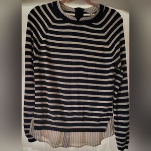 Joie Blue & Cream Stripped Sweater w/Silk Shirt Tail & Collar - S